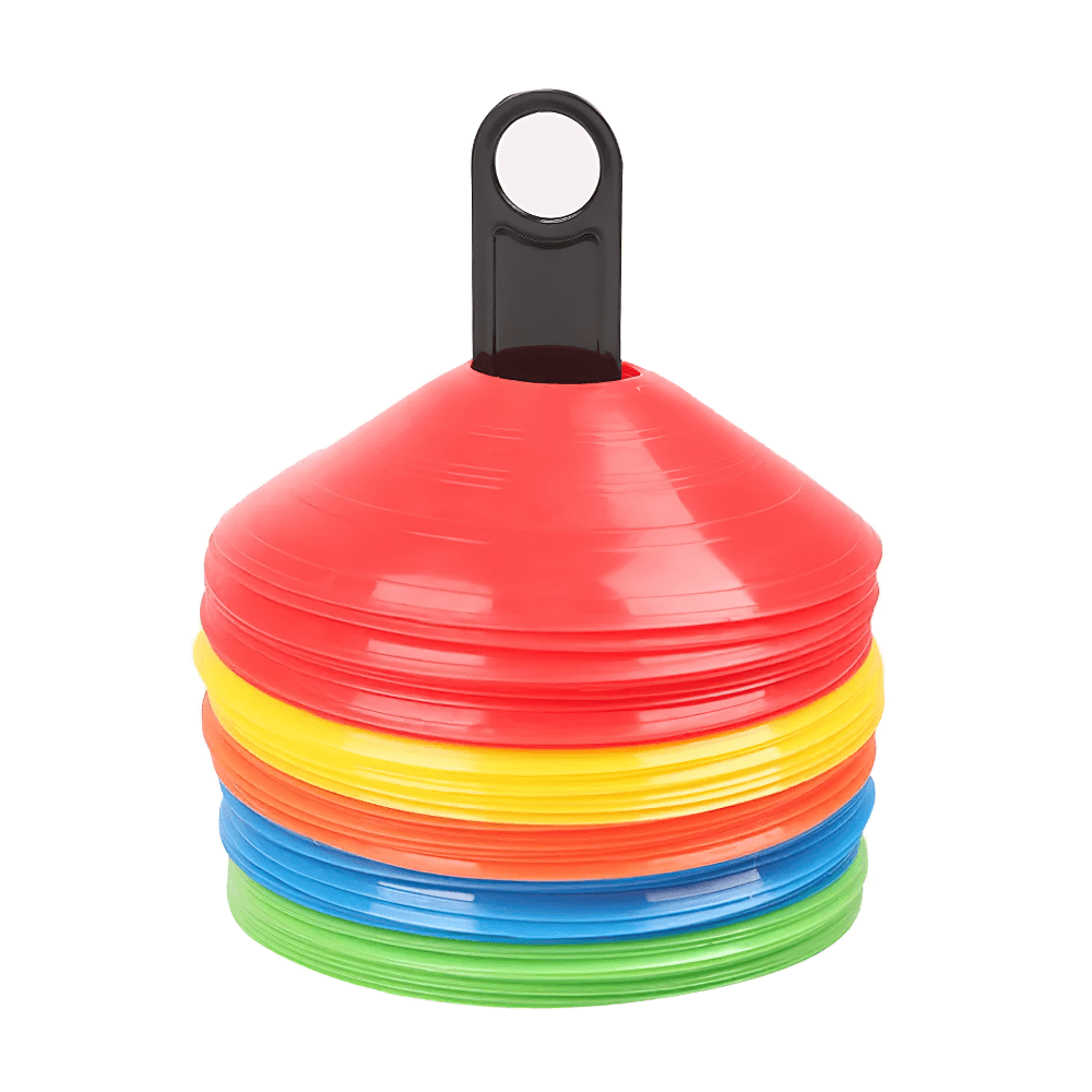 Colorful set of agility cones for sports drills with carry handle, perfect for football training and marking boundaries, model SF3218.