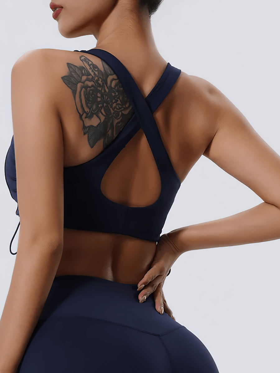 Back view of woman wearing a sexy, adjustable sports bra SF2096 for yoga and fitness, featuring a stylish, breathable design.