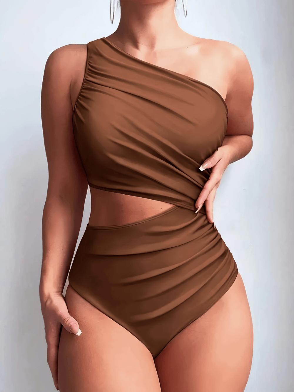 Sexy Asymmetric One Shoulder Cutout Swimsuit - SF4651 in brown featuring a bold cutout and sleek design.
