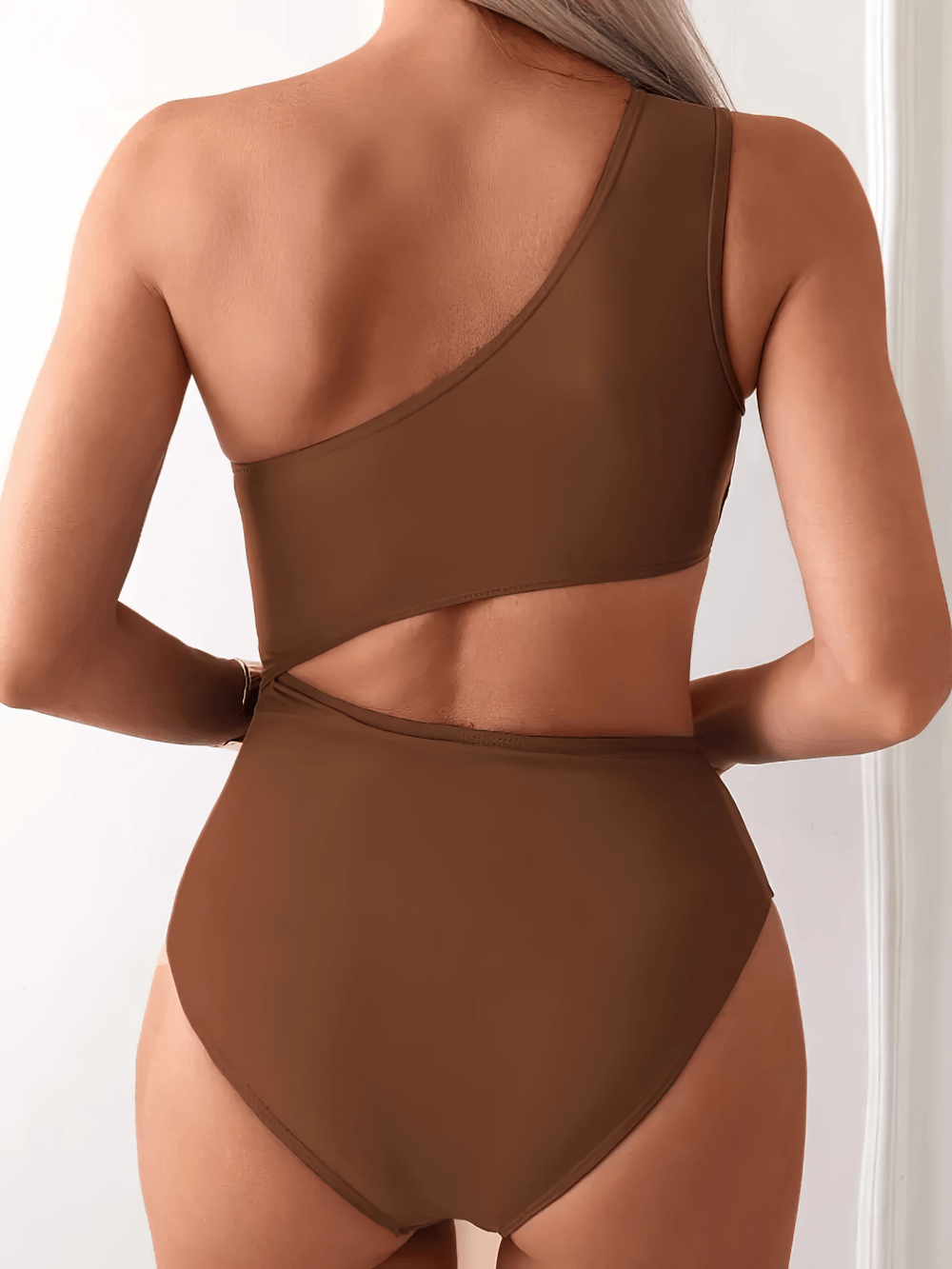 Sexy Asymmetric One Shoulder Cutout Swimsuit - SF4651 showing back view and cutout design for a stylish swim look.