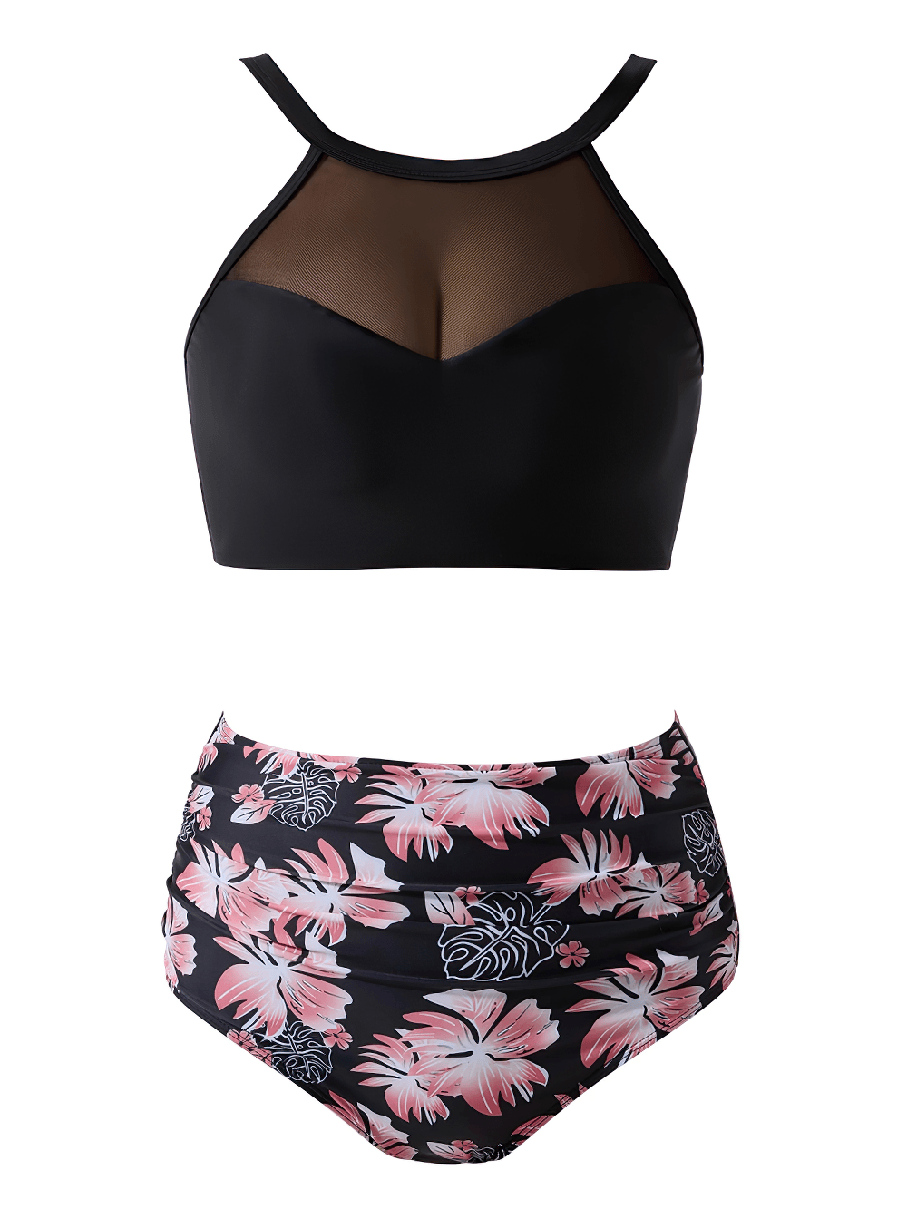 Sexy Black Floral High Waist Swimwear with Mesh - SF4694 featuring a mesh halter top and high-waist floral bottoms.