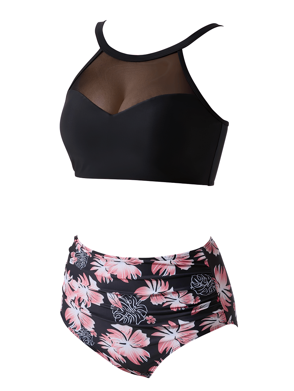 Sexy Black Floral High Waist Swimwear with Mesh - SF4694 featuring a sheer mesh halter top and floral-print bottoms.