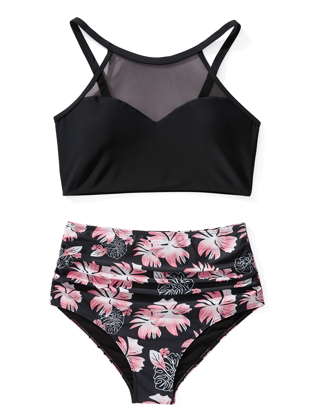 Sexy Black Floral High Waist Swimwear with Mesh - SF4694 featuring a stylish mesh halter neck and vibrant pink floral print bottoms.