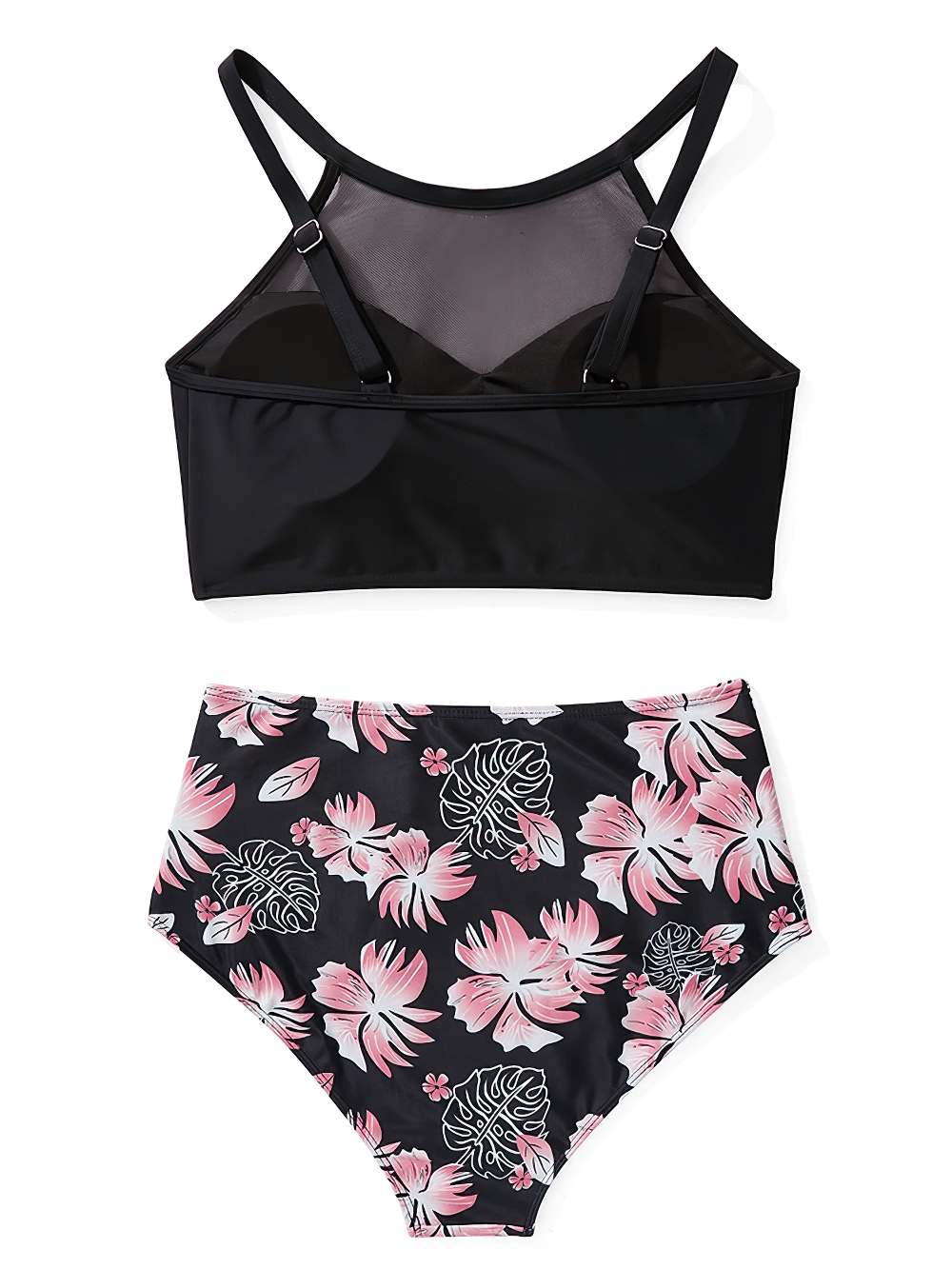 Sexy Black Floral High Waist Swimwear with Mesh - SF4694 featuring a floral-print bottom and sheer mesh halter top.