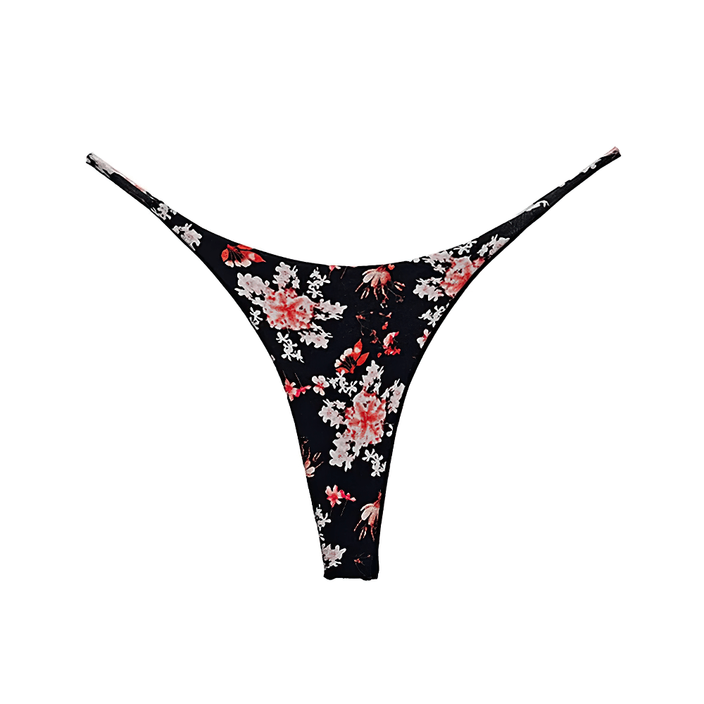 Floral low-rise cotton thong bikini for women, featuring a stylish black and pink design. Perfect for seamless and sexy comfort.