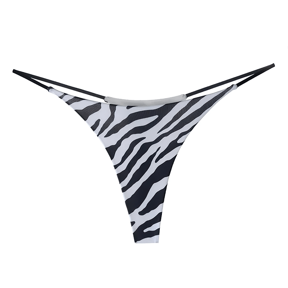 Zebra print low-rise thong bikini for women with T-back style. Cotton fabric offers breathability and minimal visibility under clothes.