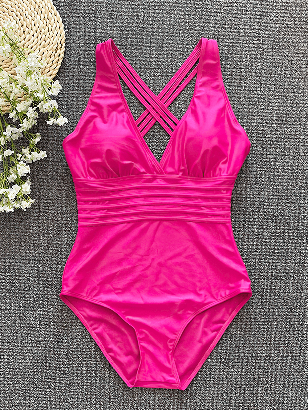 Sexy Cross Back One Piece Swimsuit for Women - SF4617 in vibrant pink with cross-back straps and flattering V-neckline.