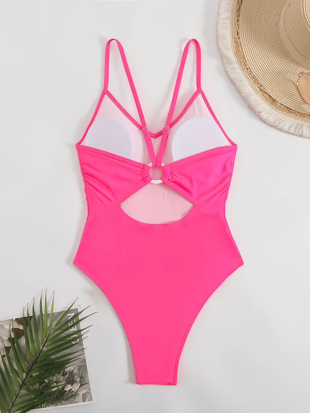 Sexy Cutout One Piece Swimsuit with Open Back - SF4546 in vibrant pink featuring adjustable straps and open back design.