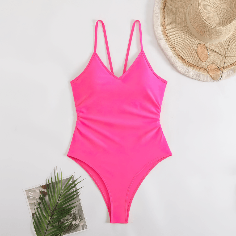 Sexy Cutout One Piece Swimsuit with Open Back - SF4546 in vibrant pink color with adjustable straps and flattering design.
