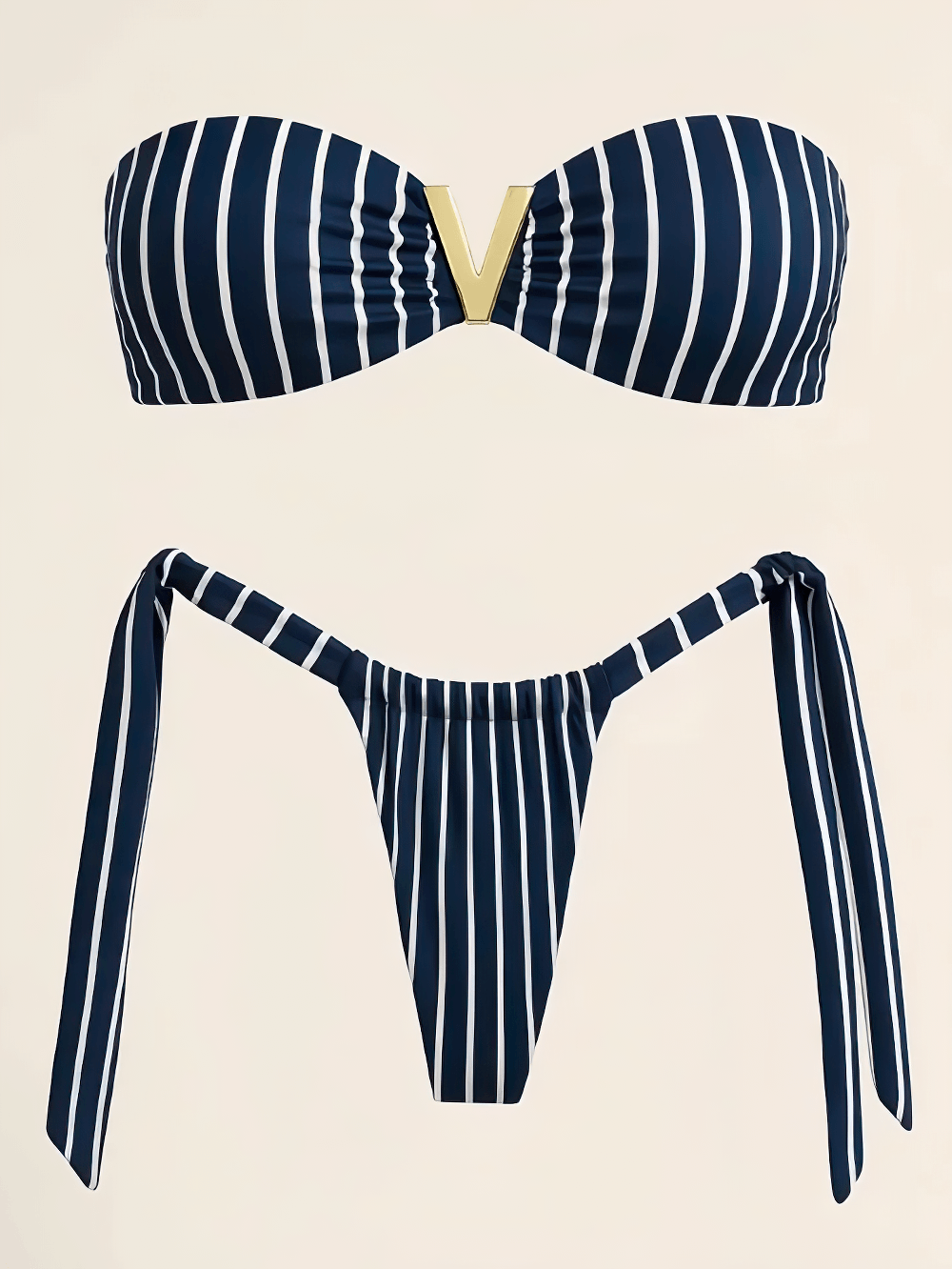 Sexy Female Stripe Bandeau Micro Bikini Set - SF4724 featuring navy stripes and sleek lace-up side ties.