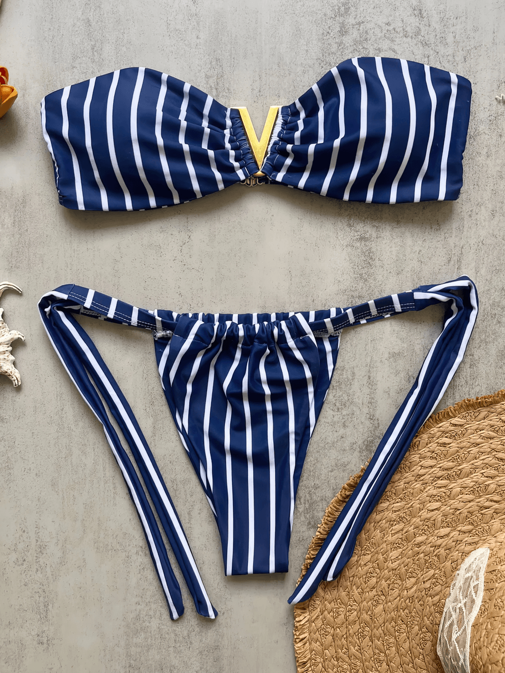 Sexy Female Stripe Bandeau Micro Bikini Set - SF4724 in navy stripes with a sculpted V-front and lace-up side ties.