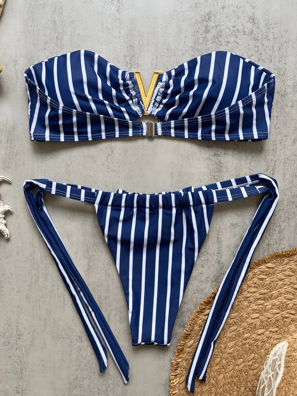 Sexy Female Stripe Bandeau Micro Bikini Set - SF4724, navy-striped bandeau top and low-waist bikini bottoms, perfect for beach days.