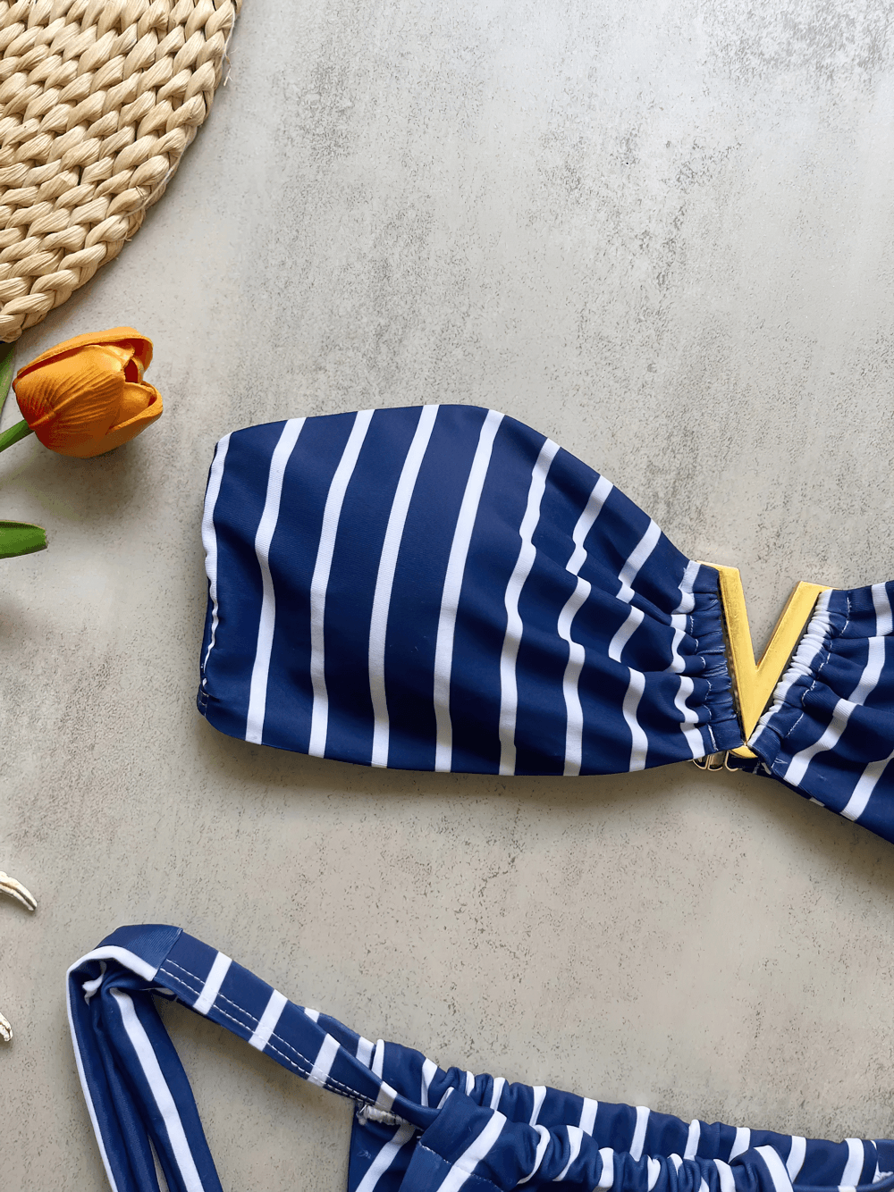 Sexy Female Stripe Bandeau Micro Bikini Set - SF4724, navy-striped bikini top, stylish V-front design.