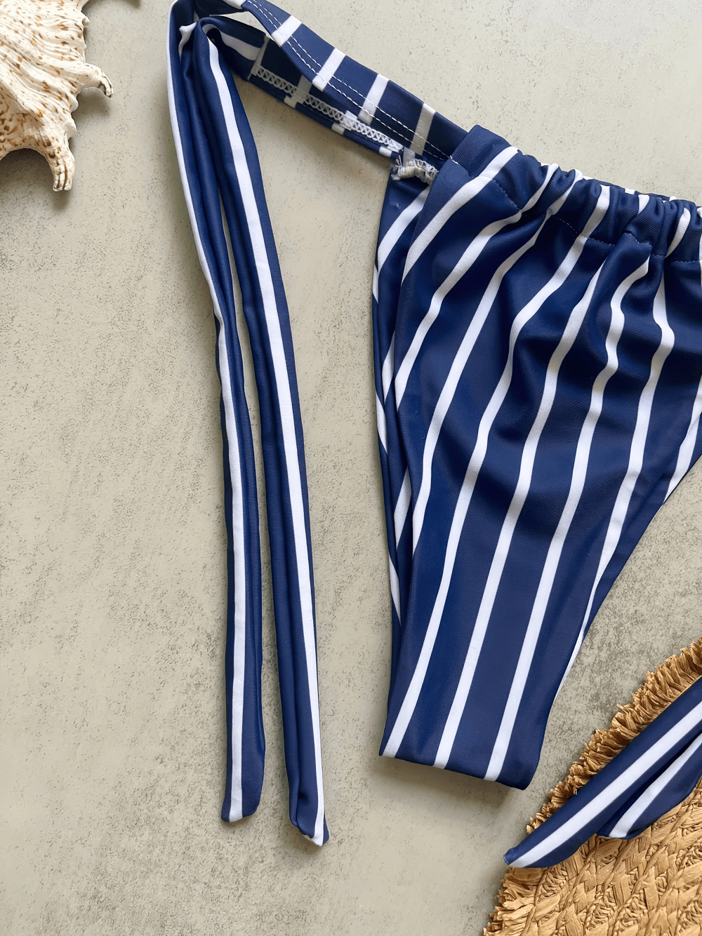 Sexy Female Stripe Bandeau Micro Bikini Set - SF4724 low-waist bikini bottoms with navy stripes and lace-up side ties.