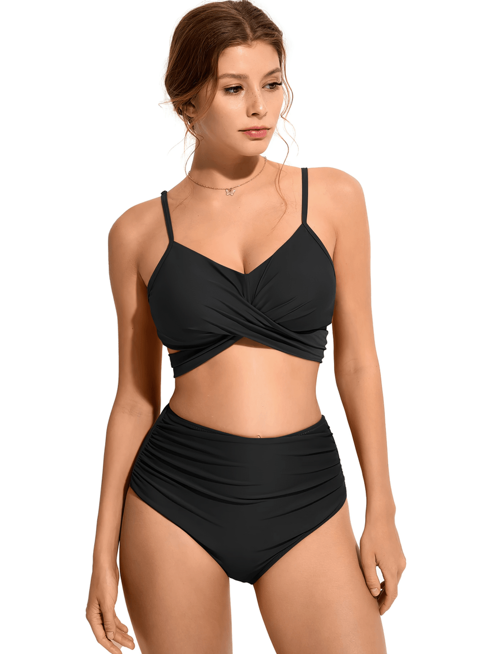 Sexy Female Twist Front Swimwear with Ruched Briefs - SF4754 on a model, showcasing the stylish tie-back top and ruching.