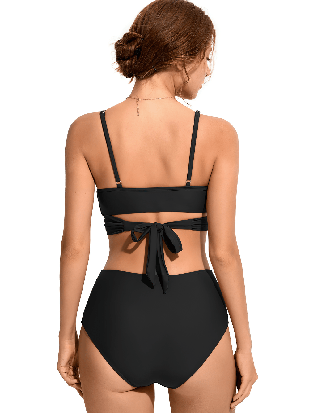 Sexy Female Twist Front Swimwear with Ruched Briefs - SF4754, showcasing the back view with tie-back top.