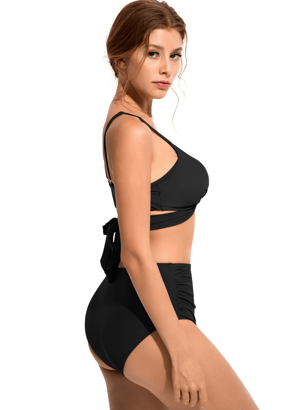 Sexy Female Twist Front Swimwear with Ruched Briefs - SF4754 showcased on a model from the side view.