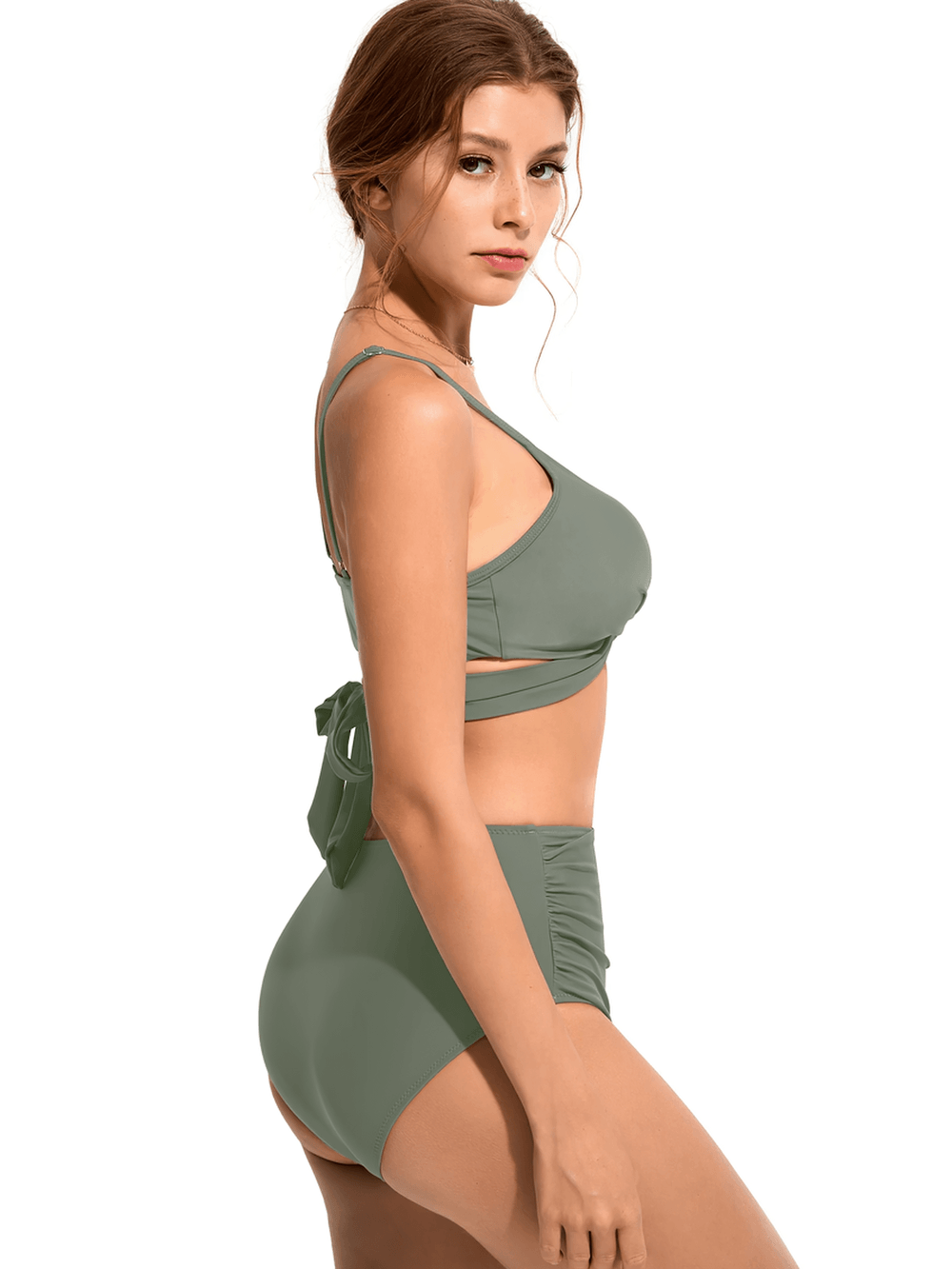 Sexy Female Twist Front Swimwear with Ruched Briefs - SF4754 showcased on a model in green.