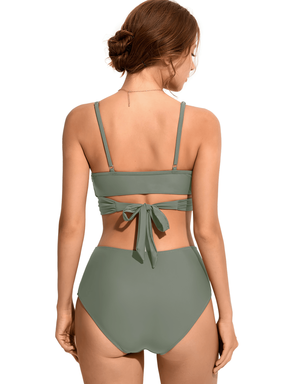 Sexy Female Twist Front Swimwear with Ruched Briefs - SF4754 in green, showcasing a tie-back top and high-waisted bottoms.