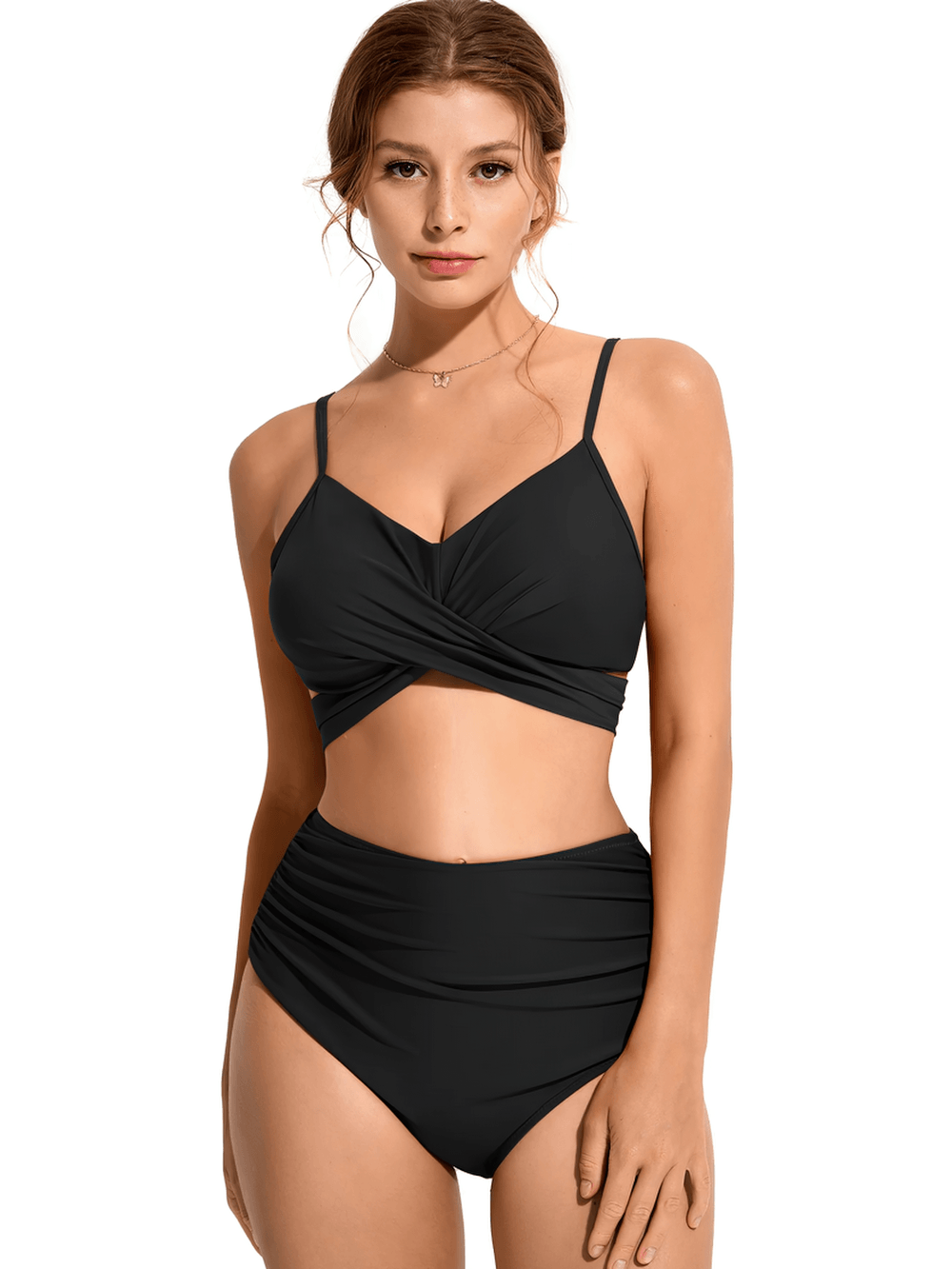 Sexy Female Twist Front Swimwear with Ruched Briefs - SF4754 displayed on a model in a sleek black color.
