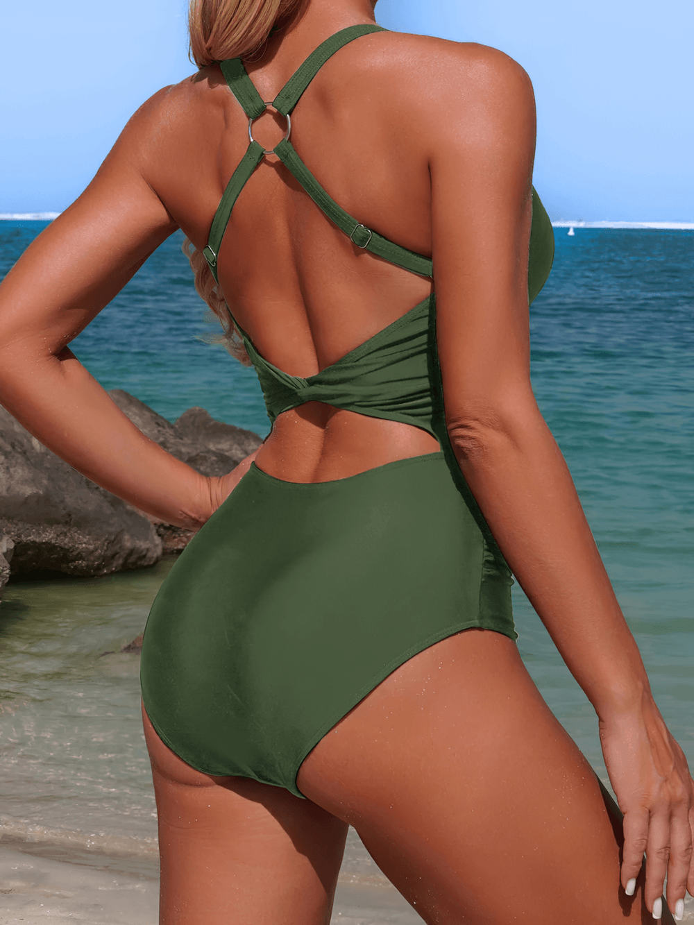 Sexy Gold Ring Crisscros Back One Piece Swimsuit - SF4659 showcasing adjustable straps and stylish back detail.