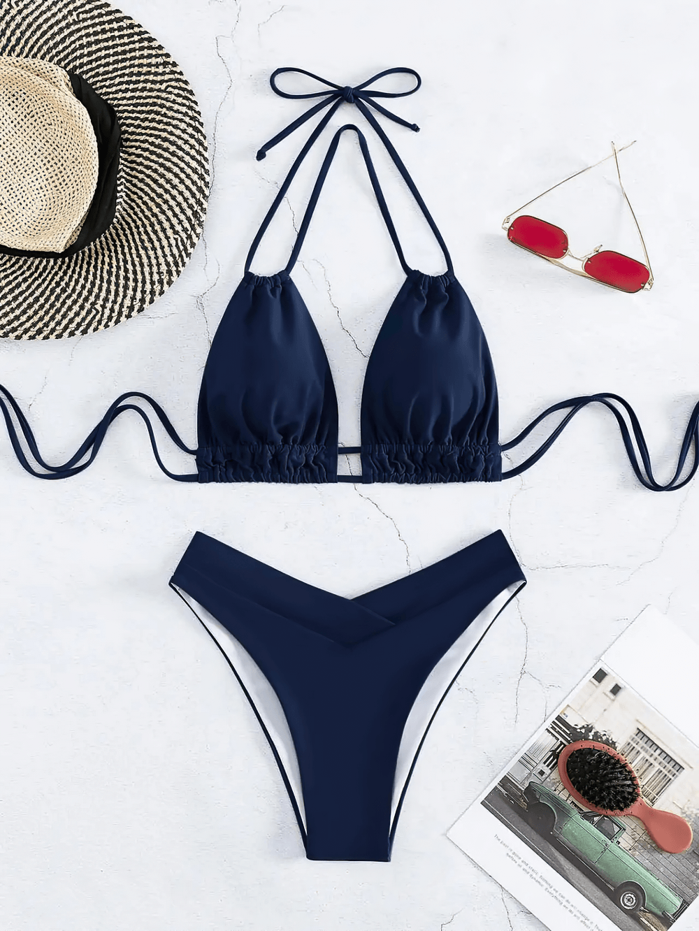 Sexy Lace-Up Halter Bikini Set With High Waist - SF4730 navy bikini with halter top and high-waist bottom