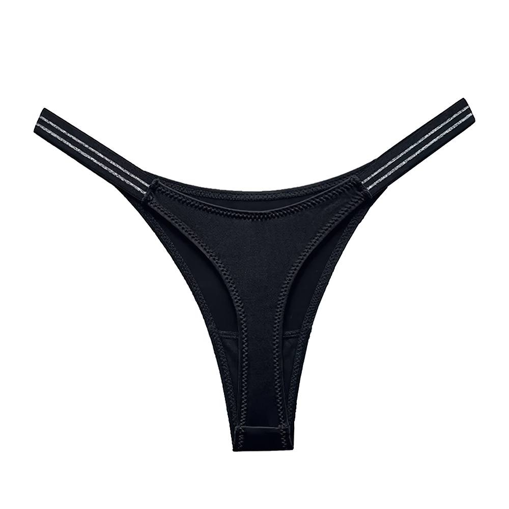 Sexy black low-rise G-string panties with knit design, crafted from polyester, nylon, and spandex for a sleek and durable fit.