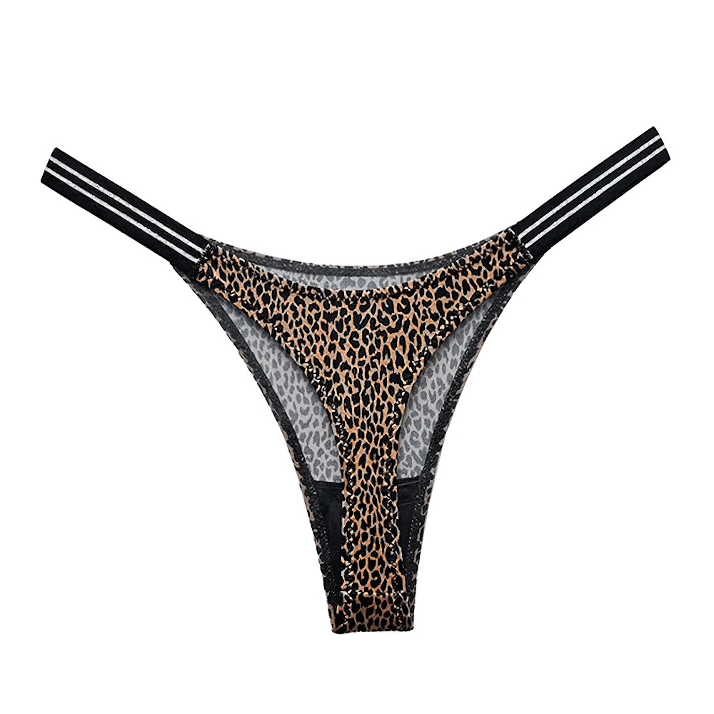 Leopard print low-rise G-string panties with stylish knit design and black strap detailing for a chic, sexy look.