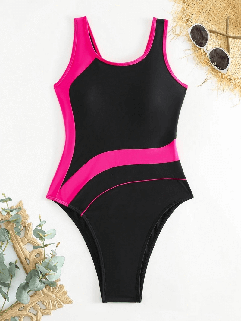 Alt Tag: Sexy Patchwork One-Piece Closed Swimsuit, black with pink accents, perfect for stylish and comfortable aquatic adventures.