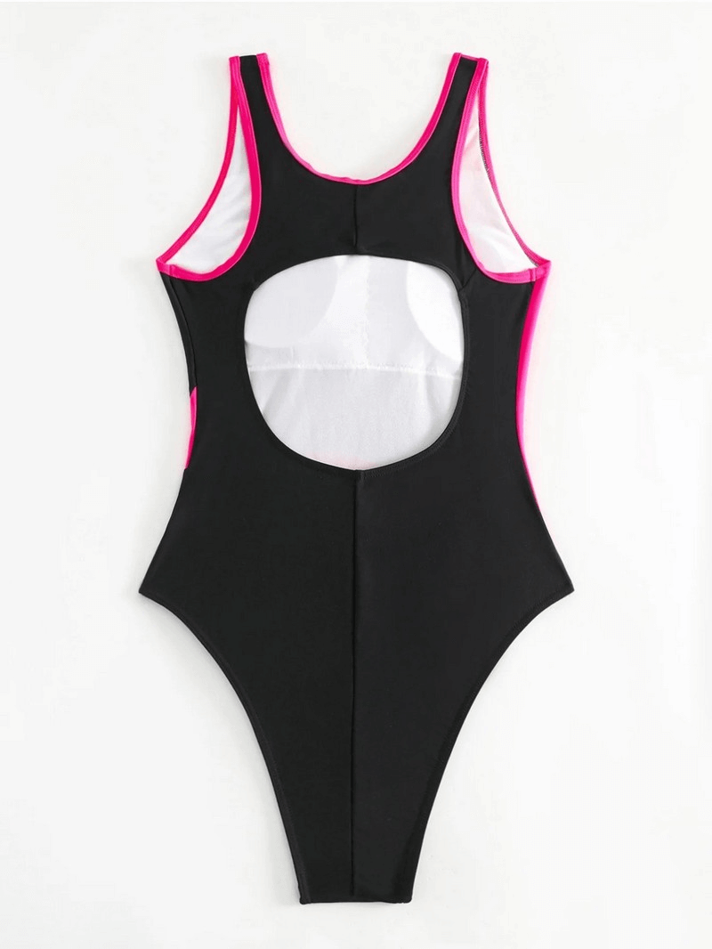 Sexy patchwork one-piece closed swimsuit for women in black and pink, featuring unique cutout design.