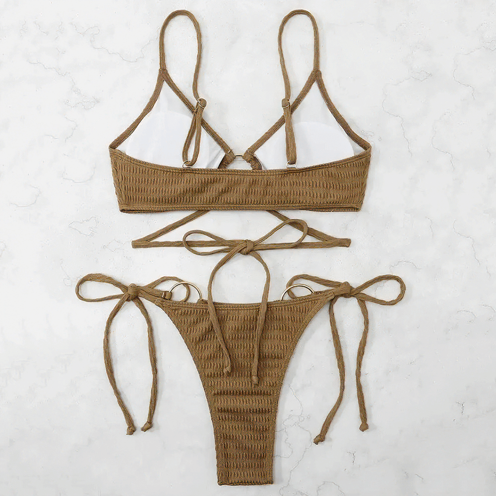 Stylish brown ribbed high-waist swimsuit with rings, perfect for beach activities – SF1887