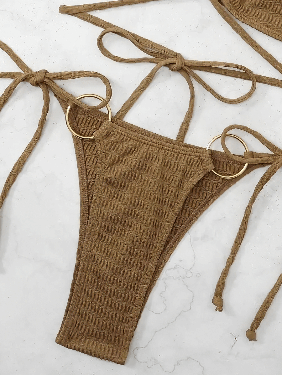 Sexy ribbed high-waist swimsuit bottom with rings, solid pattern, tied straps, in brown - perfect for stylish beachwear.