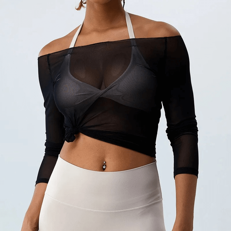 Sexy Sheer Sports Long Sleeves Women's Top SF1828 in black, perfect for workouts, made of breathable nylon and spandex.