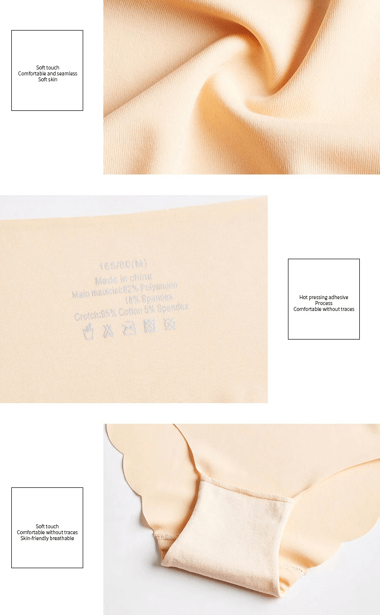 Soft, seamless women's panties with scallop edge in nude color, highlighting fabric blend of polyamide, spandex, and cotton.