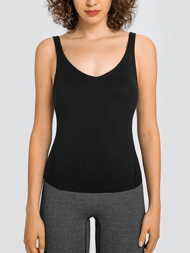 Sexy V-Neck Yoga Sports Tank Top with Padded Bras, breathable black workout wear for women, anti-pilling and quick dry.