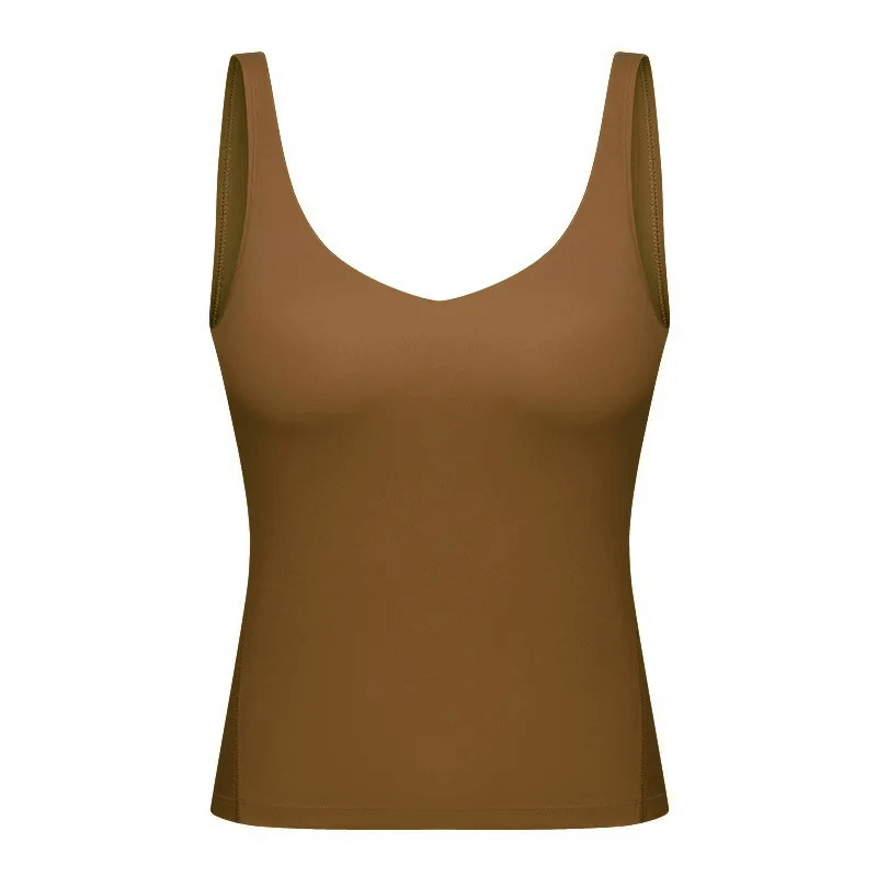 Brown sexy V-neck yoga sports tank top with padded bras, sleeveless, breathable, and flexible, crafted from nylon and spandex.
