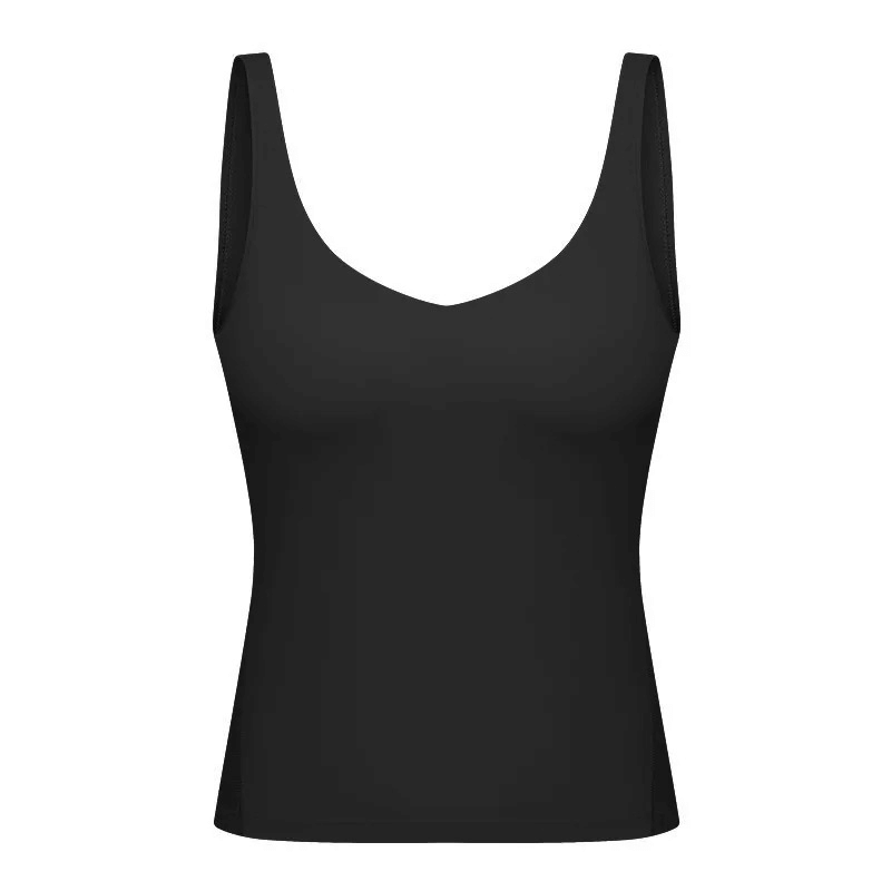 Black V-Neck Yoga Tank Top with Padded Bras for Women, anti-pilling, stretchy, breathable fabric for comfort and support, SF1801 model.