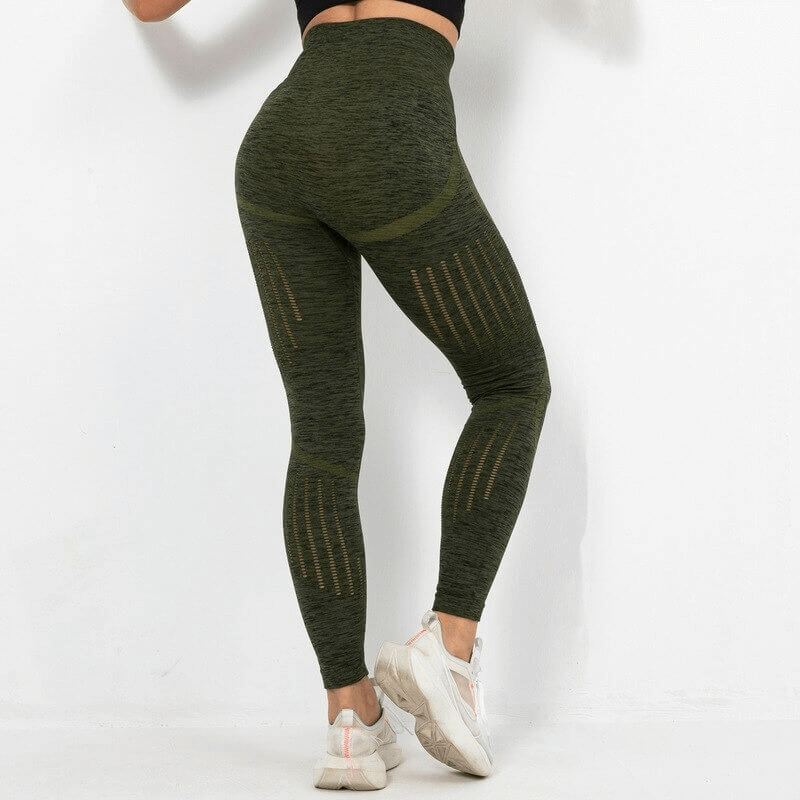 Sexy women's high waist seamless leggings in olive green showcasing a flattering fit. Ideal for casual wear, gym, or lounging.