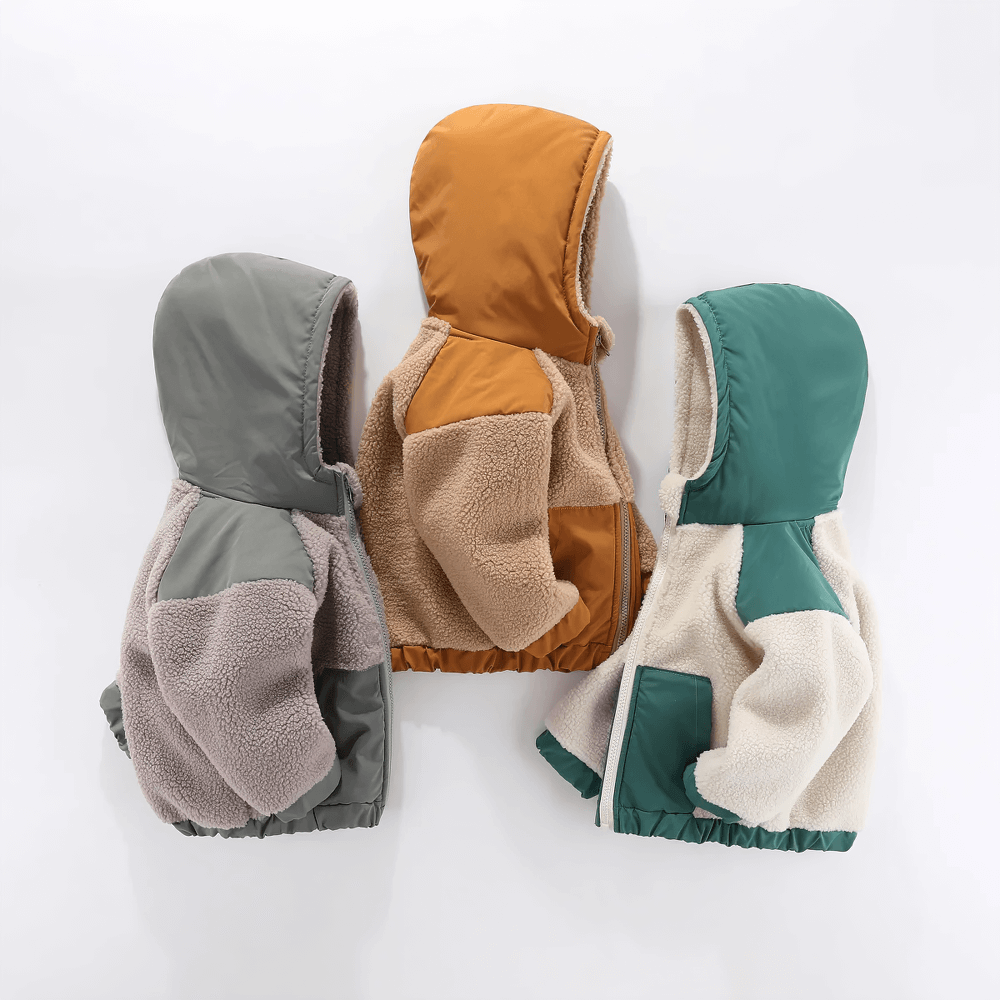 Three toddler Sherpa Hooded Jacket with Pockets and Zipper - SF3520, showcasing cozy fleece and colorful designs