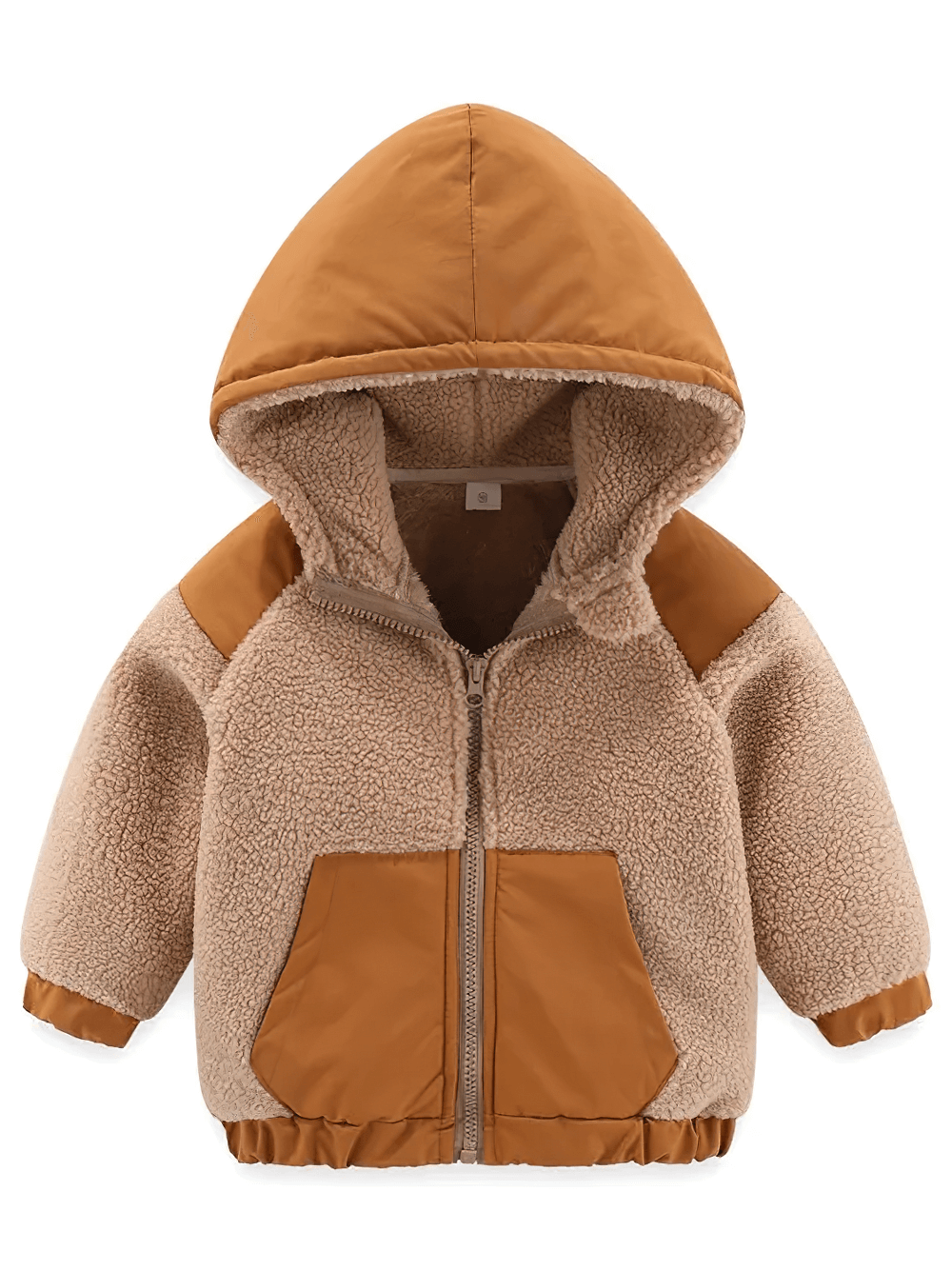 Cozy Sherpa Hooded Jacket with Pockets and Zipper - SF3520 for toddlers, featuring a fleece body and nylon hood, perfect for winter wear.