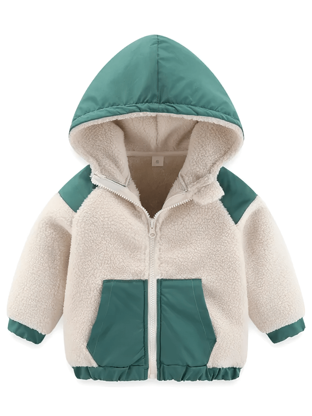 Sherpa Hooded Jacket with Pockets and Zipper - SF3520, toddler fleece winter coat with green hood and pockets, front view.