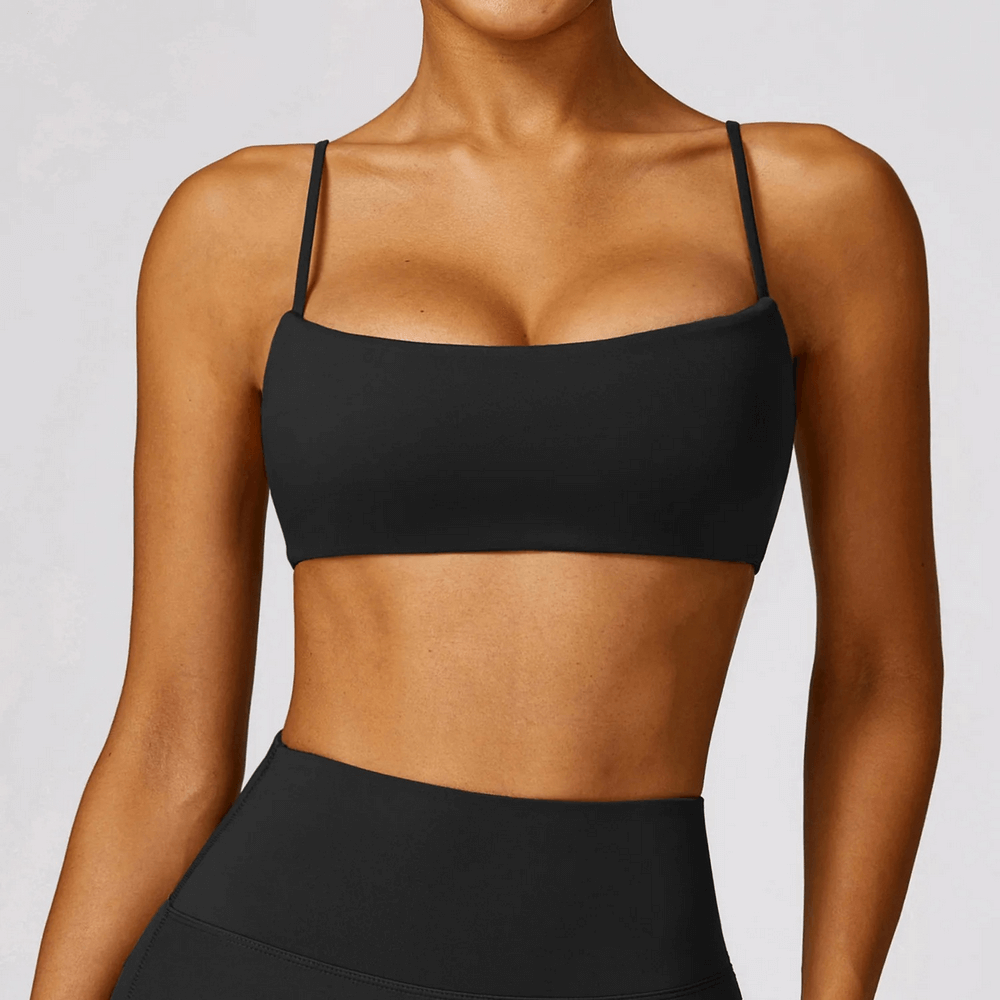 Shockproof yoga sports bra in black for gym and fitness enthusiasts, featuring breathable, quick-dry fabric for style and support.