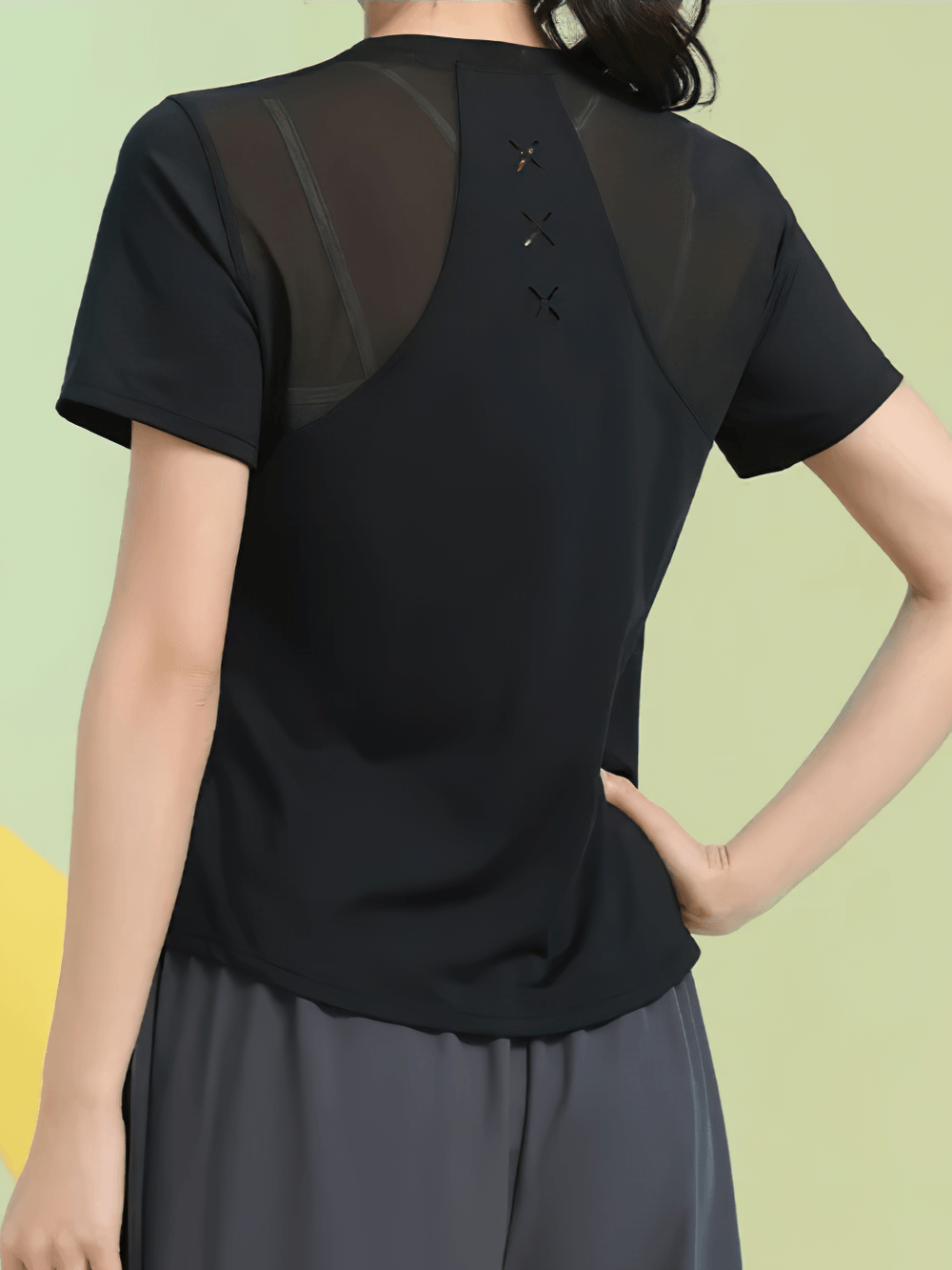 Alt Tag: Short Sleeve Breathable Training T-Shirt for Women's - SF4435 black loose-fit quick-dry yoga tee with mesh back panels, rear view