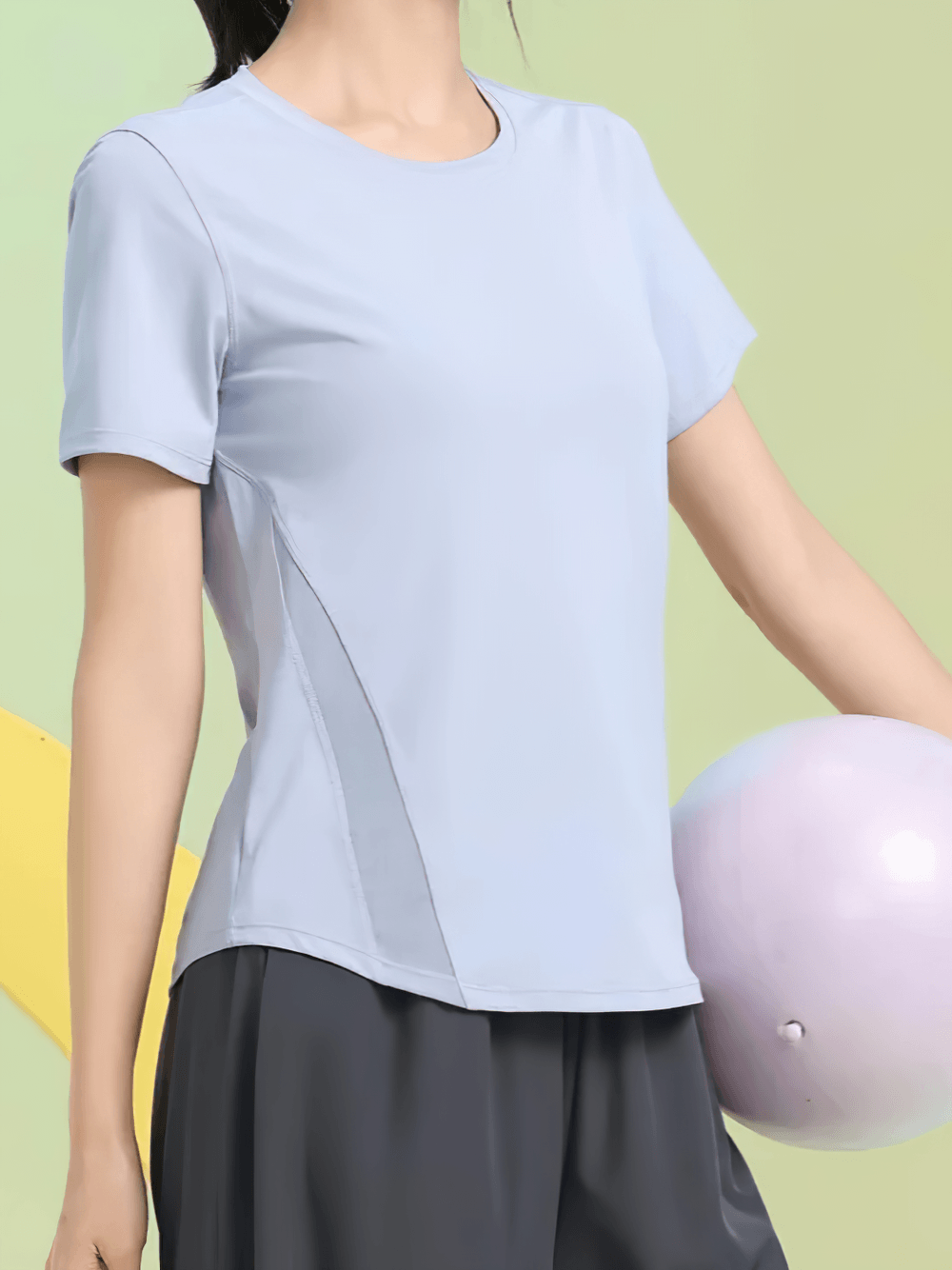 Alt Tag: Short Sleeve Breathable Training T-Shirt for Women's - SF4435 light blue quick-dry loose yoga top with side mesh panels