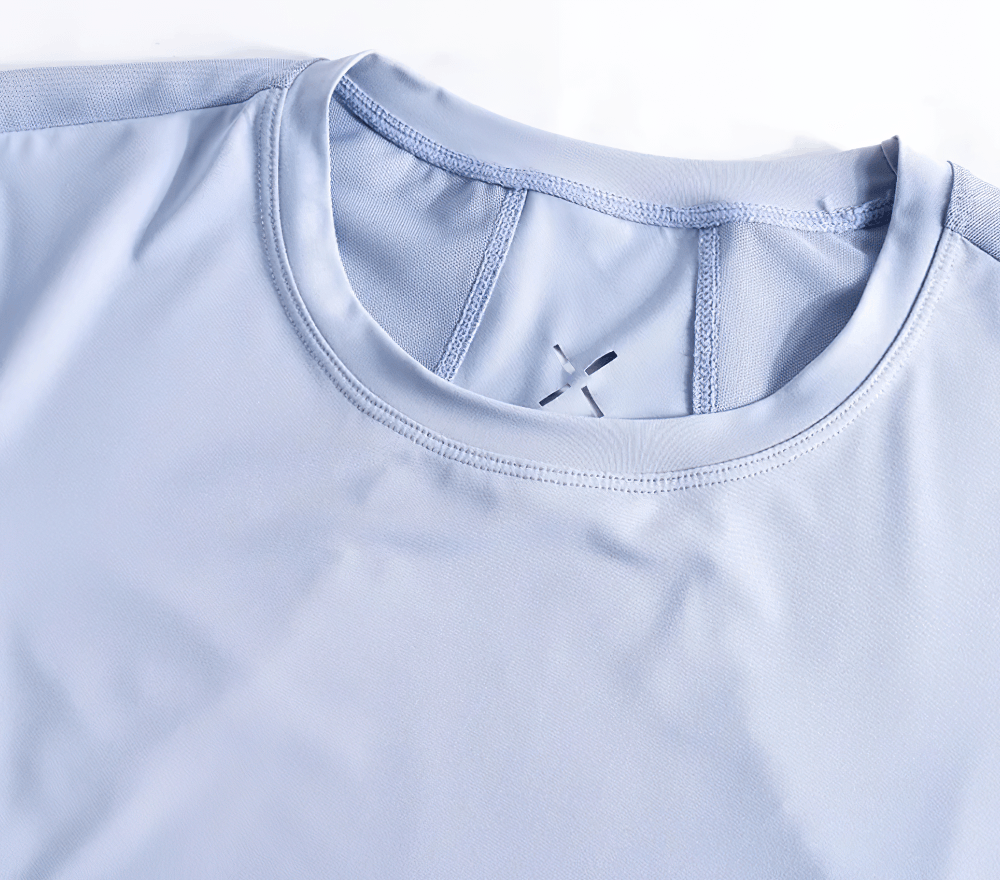 Alt Tag: Short Sleeve Breathable Training T-Shirt for Women's - SF4435 light blue quick-dry yoga tee close-up, round neck breathable fabric