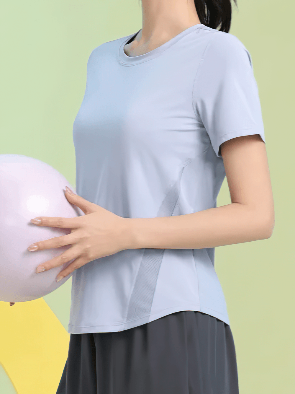 Alt Tag: Short Sleeve Breathable Training T-Shirt for Women's - SF4435 loose-fit quick-dry yoga top with side mesh panels, short sleeves