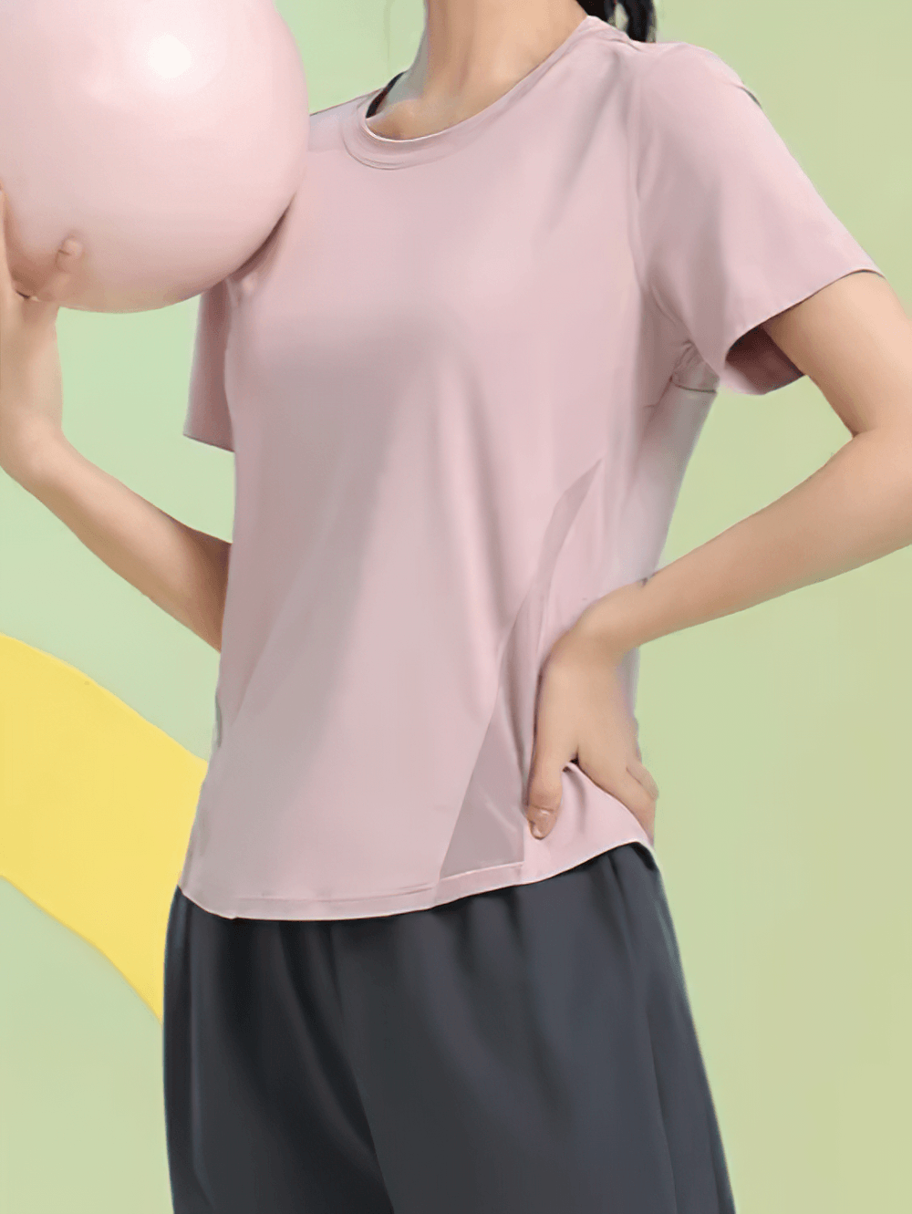 Alt Tag: Short Sleeve Breathable Training T-Shirt for Women's - SF4435 pink quick-dry loose yoga tee with mesh side panels
