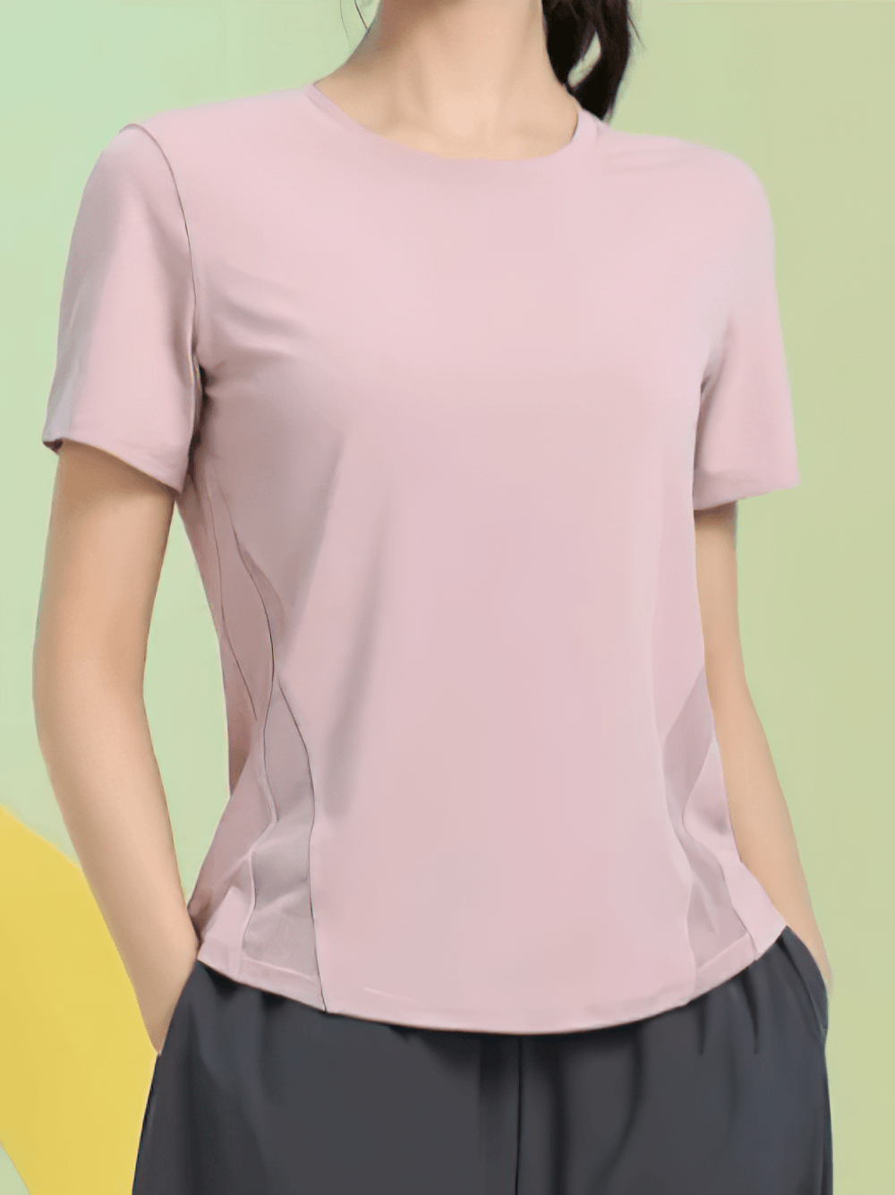 Alt Tag: Short Sleeve Breathable Training T-Shirt for Women's - SF4435 pink quick-dry loose yoga top with side mesh panels