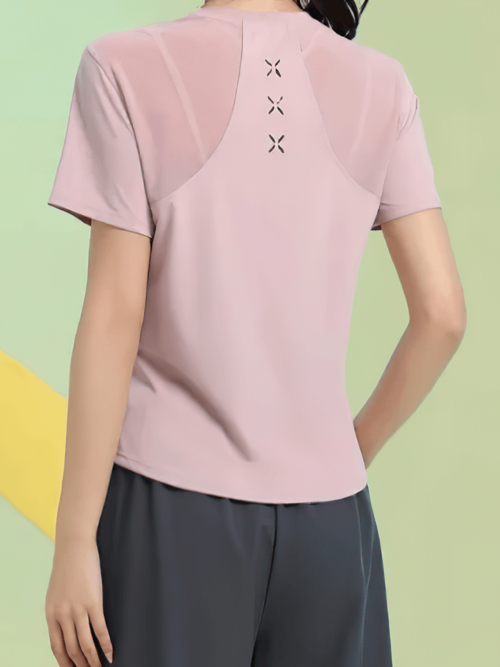 Short Sleeve Breathable Training T-Shirt for Women's - SF4435 back view, loose quick-dry yoga tee with mesh panels in pink