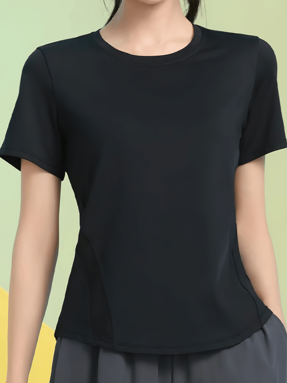 Alt Tag: Short Sleeve Breathable Training T-Shirt for Women's - SF4435 black loose-fit quick-dry yoga top with short sleeves